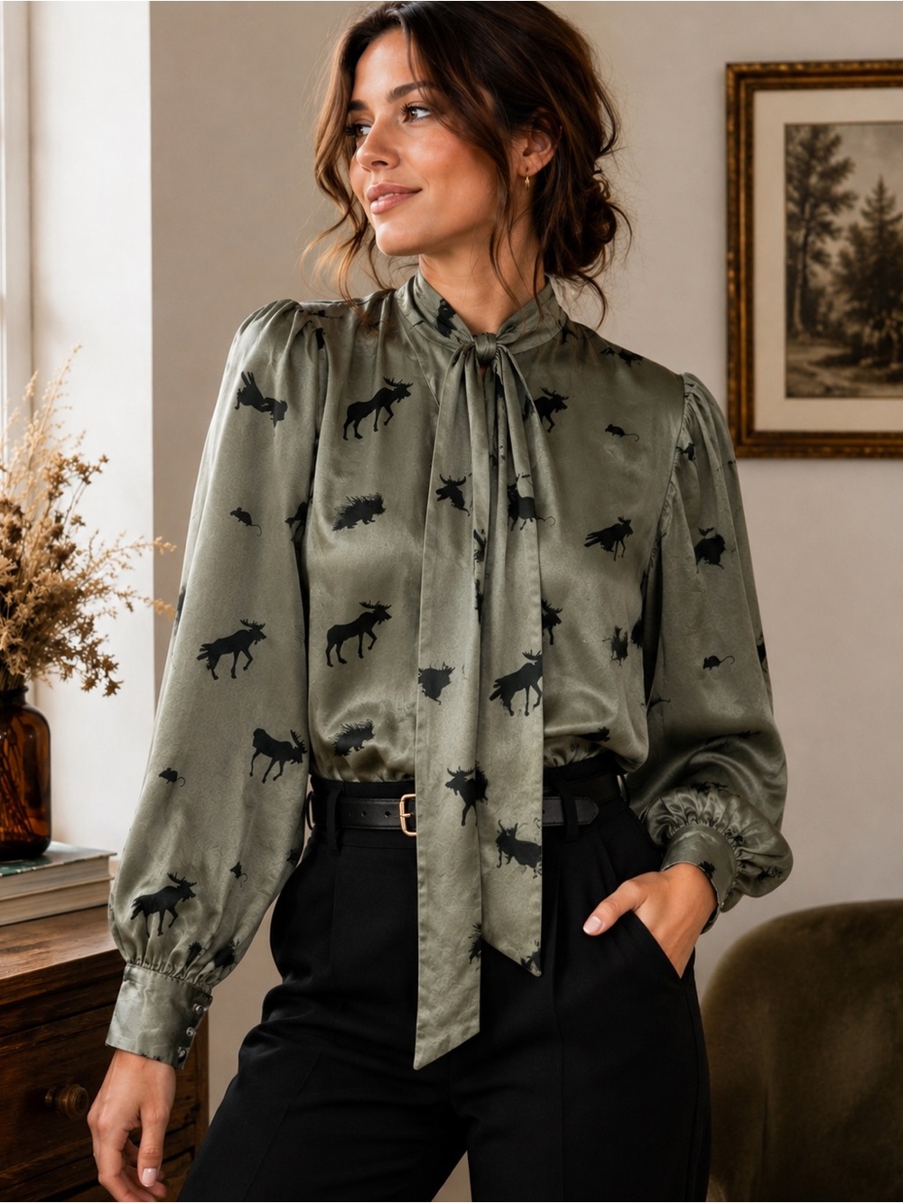 Shop Meg 100% Silk Grey Woodland Animal Print Tie Neck Blouse Small Novelty